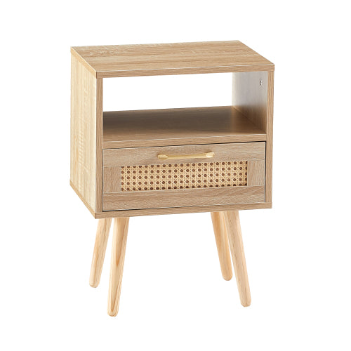 Natural Rattan Nightstand with Drawer & Wood Legs