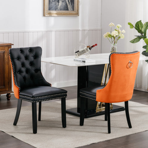 Set of 2 Black+Orange PU & Velvet Tufted Dining Chairs, Solid Wood Nailhead Trim