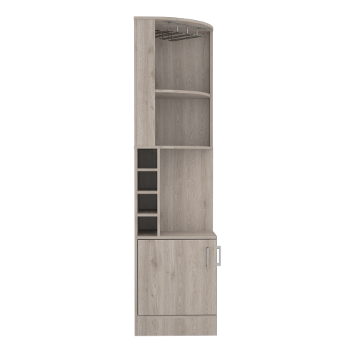 Corner Bar Cabinet, Eight Bottle Cubbies, Double Door, Two Open Shelves