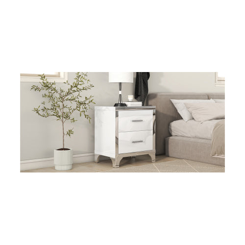 Elegant High Gloss Nightstand with Metal Handle,Mirrored Bedside Table with 2 Drawers for Bedroom,Living Room,White