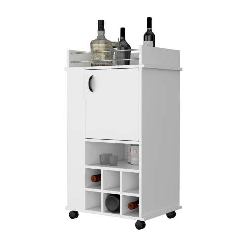 1-Door Bar Cart with Wine Rack and Casters White