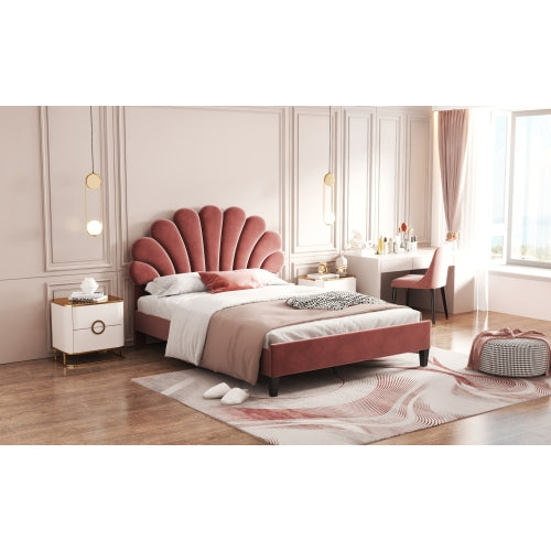 Full Size Upholstered Platform Bed with Flower Pattern Velvet Headboard, Bean Paste Red