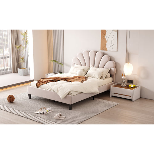 Full Size Upholstered Platform Bed with Flower Pattern Velvet Headboard, Beige