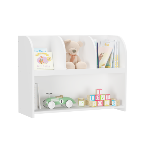 White 4-Compartment Kids Safety Bookcase, MDF Toy Storage Rack Max Load 25Lbs with Wall Buckle