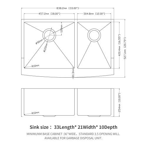 Double Bowl (60/40) Farmhouse Sink - 33"x21"x10" Stainless Steel Apron Front Kitchen Sink 16 Gauge with Two 10" Deep Basin