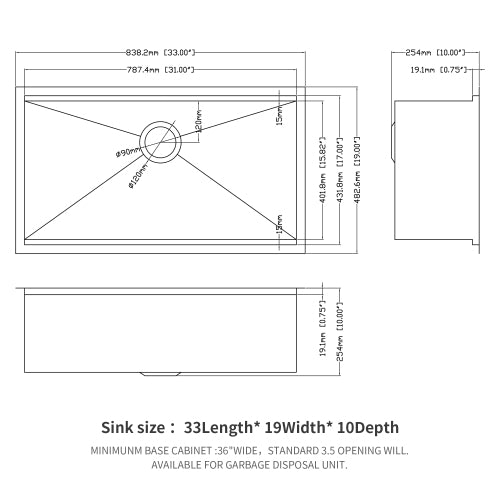 Single Bowl Undermount Workstation Kitchen Sink - 33"x19"x 10" Inch 16 Gauge Stainless Steel Deep Sink