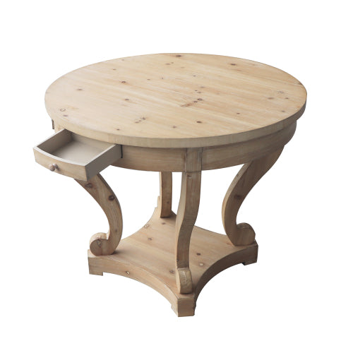Farmhouse Round End Table 2 Drawer MDF Veneer Accent Side Table Natural Wood