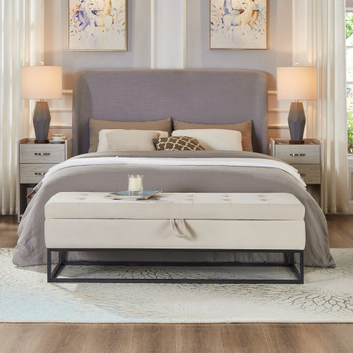 58.6inch Bed Bench Metal Base with Storage Beige Velvet