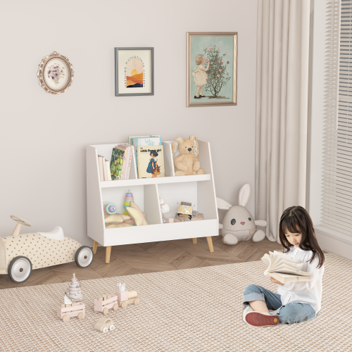 White 5-Cubby Kids Wooden Bookshelf with Pine Legs, MDF Toddler Storage Organizer with Anti-Tip Kit
