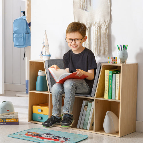 Natural 6-Cubby Kids Bookcase With Soft Cushion Reading Nook
