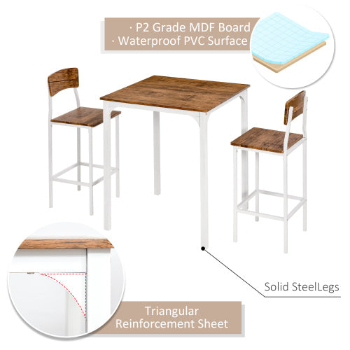 3-Piece White Industrial Bar Set, Square Steel Frame Table & 2 Stools with Footrests