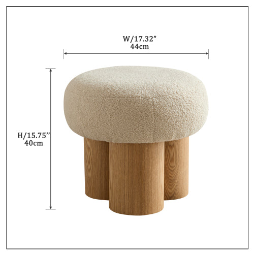 Beige Teddy Mushroom Ottoman, Walnut Finish Barrel Base Cute Foot Stool for Living Room Entryway