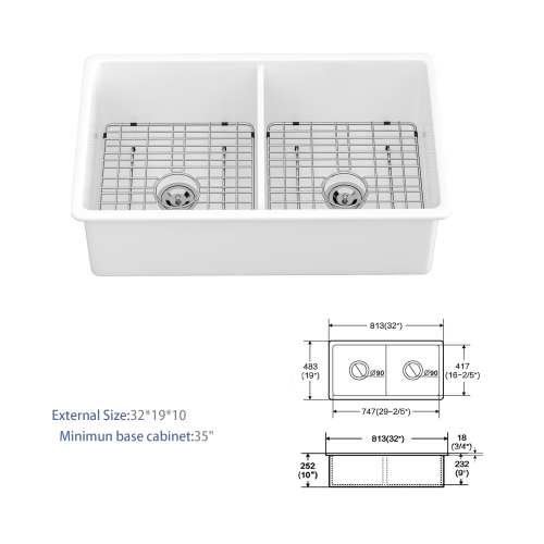 32"x19"x10" Undermount Double Bowl Fireclay Kitchen Sink - Dual Mount White Porcelain Fireclay Rectangular Deep Double Bowl Sink Basin