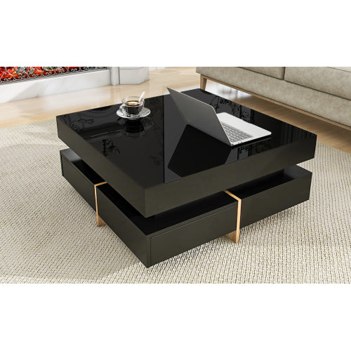 Black Modern High Gloss Square Coffee Table With Four Storage Drawers