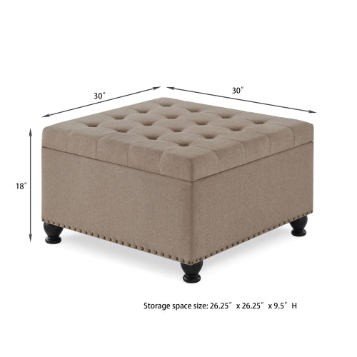 Linen Square Storage Ottoman, Button Tufted Ottoman Coffee Table with Nail Trim & Spindle Wood Legs, 30 inchW x30 inchD x18 inchH