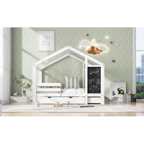 Twin House Bed with Blackboard and Drawers, Two assembly options, White