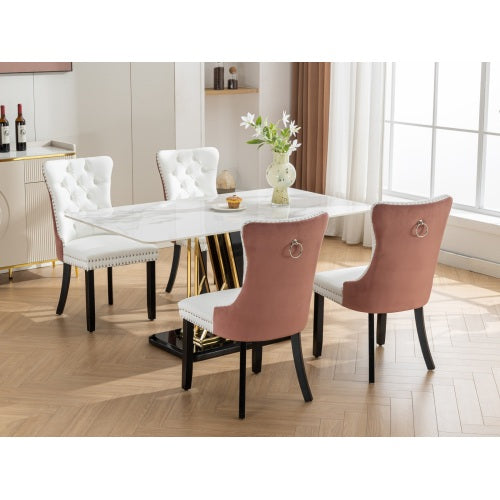 Set of 2 White PU + Pink Velvet Tufted Swivel Dining Office Chairs, Gold Metal Base Caster Wheels Height Adjustable