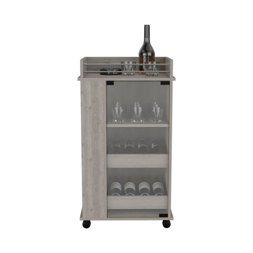 Bar Cart with Glass Door, 2-Side Shelves and Casters, Light Gray