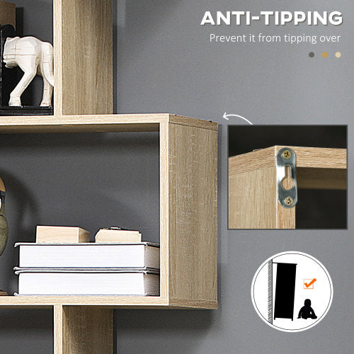 75.5 Inch Oak S-Shaped 6-Tier Anti-Tip Freestanding Bookshelf
