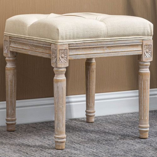 16 inch Beige Tufted Vintage Ottoman, Linen Fabric Foot Stool with Carved Rubberwood Legs, 264 LBS Capacity