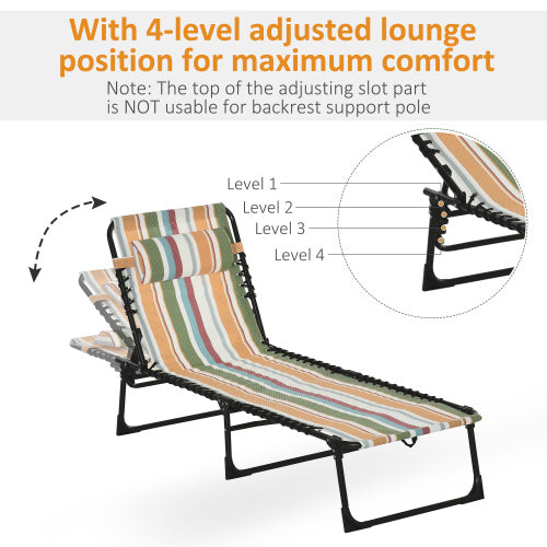 Outsunny Folding Chaise Lounge Pool Chair, Patio Sun Tanning Chair, Outdoor Lounge Chair w/ 4-Position Reclining Back, Pillow, Breathable Mesh & Bungee Seat for Beach, Yard, Patio, Rainbow Striped