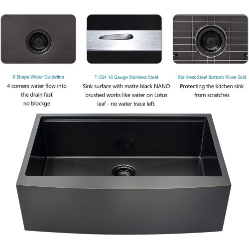 36 Inch Apron Front Workstation Farmhouse Sink 16 Guage Gunmetal Matte Black Stainless Steel Kitchen Sink Single Bowl Farm Sink