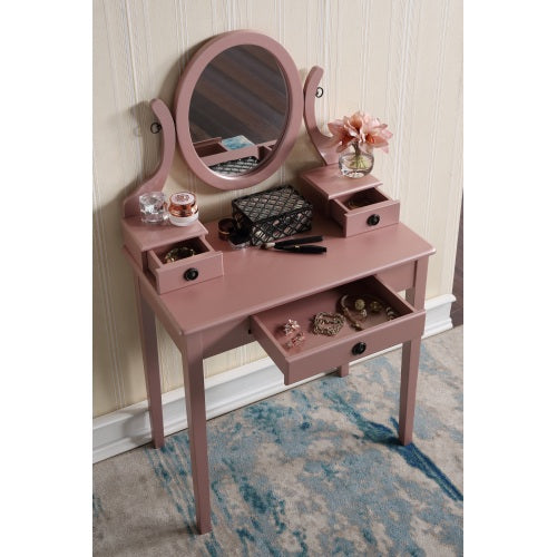 Moniya Rose Gold Wood Makeup Vanity Table and Stool Set, 3 Drawers, Adjustable Oval Mirror