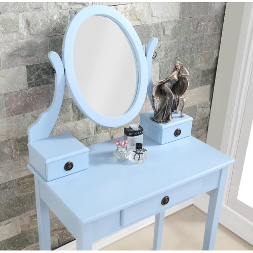 Moniya Blue Wood Makeup Vanity Table and Stool Set, 3 Drawers, Adjustable Oval Mirror