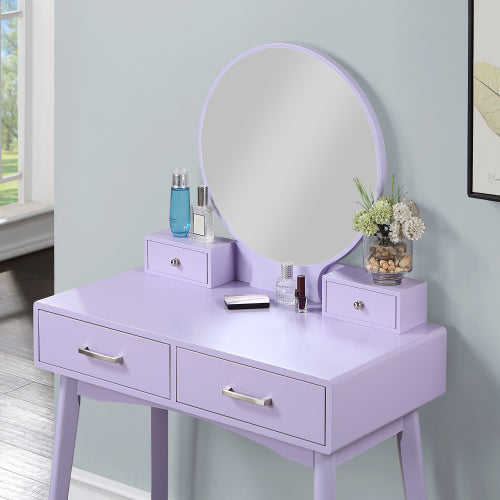 Contemporary Purple Wood Vanity and Stool Set, Round Mirror, Rubberwood Frame, 32.68 inch W