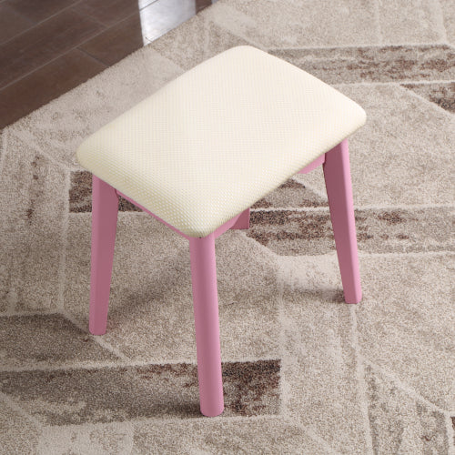 Contemporary Pink Wood Vanity and Stool Set, Round Mirror, Rubberwood Frame, 32.68 inch W