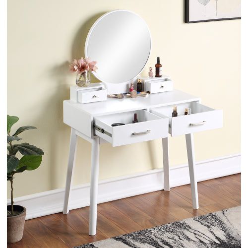 Contemporary White Wood Vanity and Stool Set, Round Mirror, Rubberwood Frame, 32.68 inch W