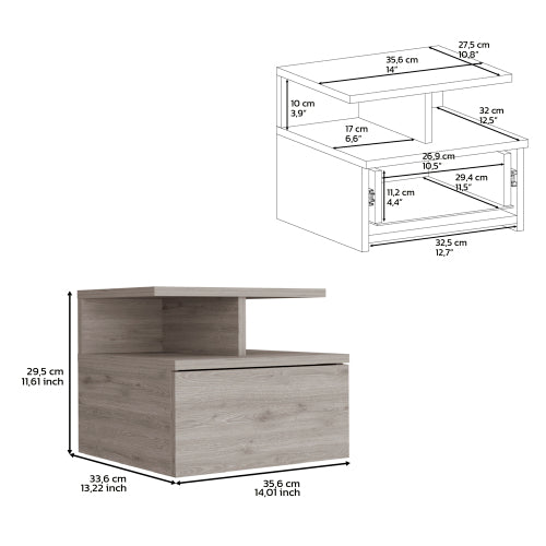 Floating Nightstand with Drawer and 2-Tier Shelf, Wall Mounted Bedside Table Light Gray