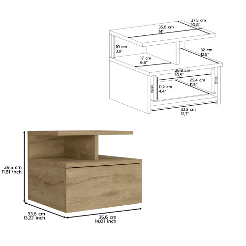 Floating Nightstand with Drawer and 2-Tier Shelf, Wall Mounted Bedside Table Macadamia
