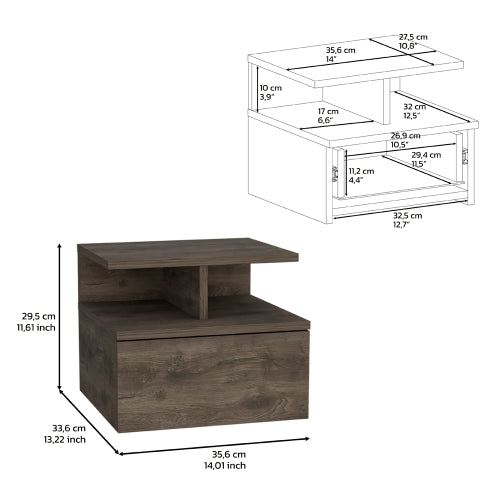 Dark Walnut Wall Mounted Floating Nightstand, 1 Drawer & 2-Tier Shelf