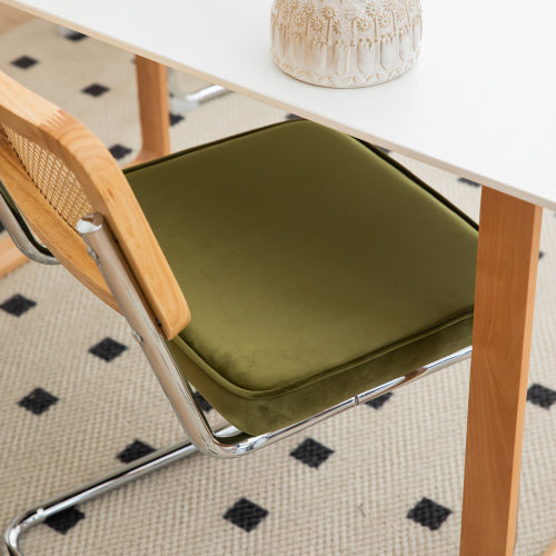 Dining Chairs Set of 2, Velvet Rattan Side Accent Chairs with Chrome Legs, Modern Mid Century Breuer Designed Chairs, Olive Green