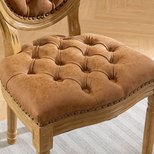 Set of 2 Orange French PU Leather Tufted Nailhead Dining Chairs, Solid Wood Frame 300 LBS Load