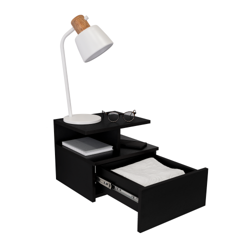 Black Floating Nightstand with Drawer & Shelves