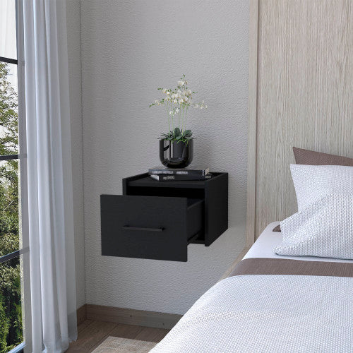 Black Finish Wall Mounted Floating Nightstand, 1 Drawer & 2-Tier Shelf
