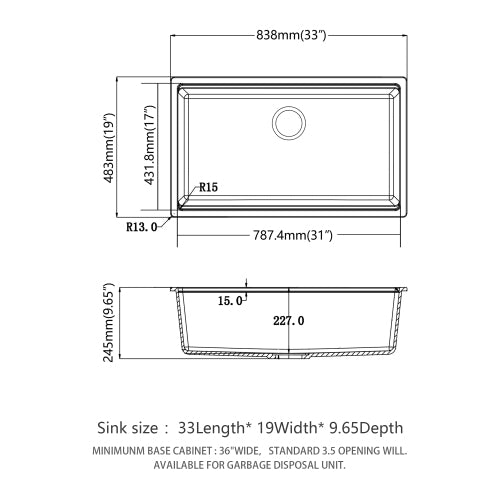 Quartz Kitchen Sink - 33" x 19" x 9.65" White granite composite Workstation undermount kitchen sink