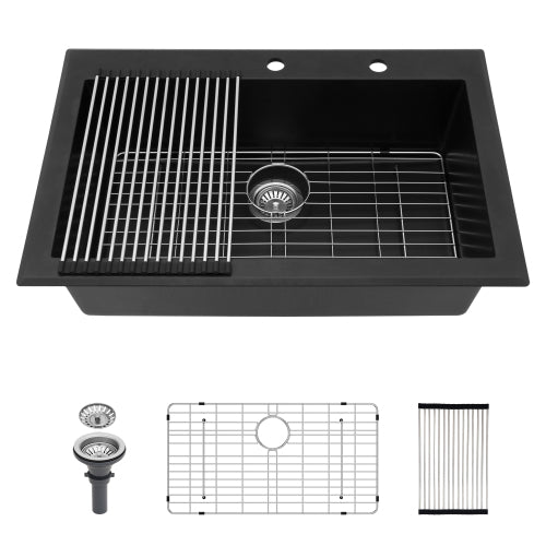 Quartz Kitchen Sink - 33"x22"x9.65" Black granite composite Drop in kitchen sink