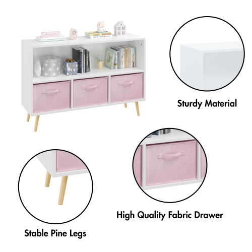 Kids Bookcase with Fabric Drawers and Toy Storage Organizer, White/Pink