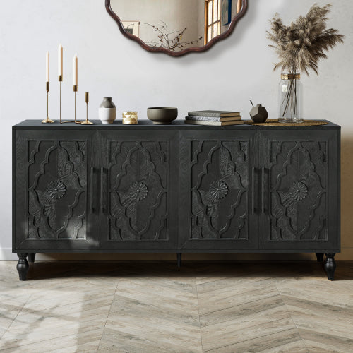 Black Carved Flower Door Storage Cabinet Metal Handle Large Hall Console TV Stand
