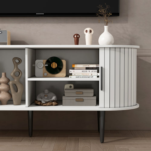 47 Inch White Mid-Century Media Console Fluted Sliding Door MDF TV Stand with Metal Support Legs