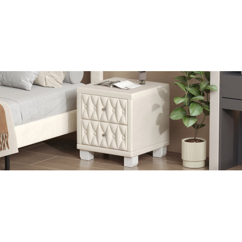 Elegant Velvet Nightstand with 2 Drawers and Crystal Handle, Storage Bedside Table with Button-Tufted, Beige