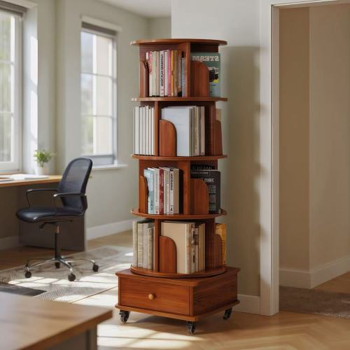 5-Tier Rotating Bookshelf with Drawer, 360¡ã Corner Bookcase, Walnut