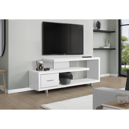 60 Inch Gloss White Art-Deco TV Stand with Right Storage Drawer & Triple Wide Tabletops