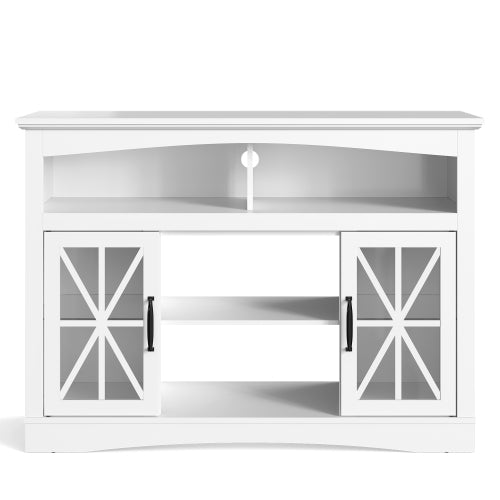 47 Inch White Farmhouse Retro TV Console with Glass Doors, LED Lights & UL Certified Fireplace Space