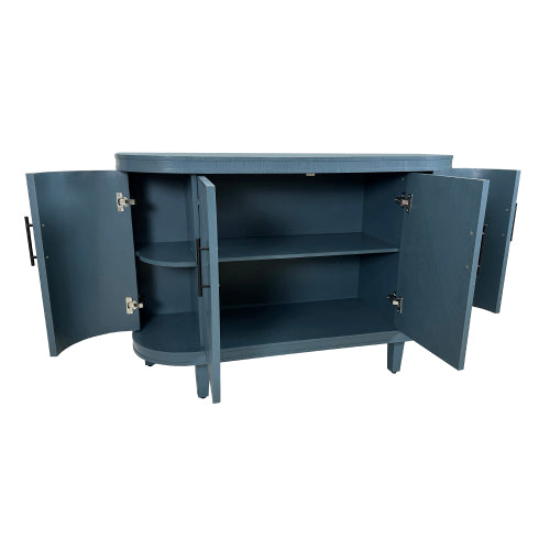 Blue Curved Sideboard 47 Inch Wood Console Cabinet 4 Doors Adjustable Shelves Ash Veneer