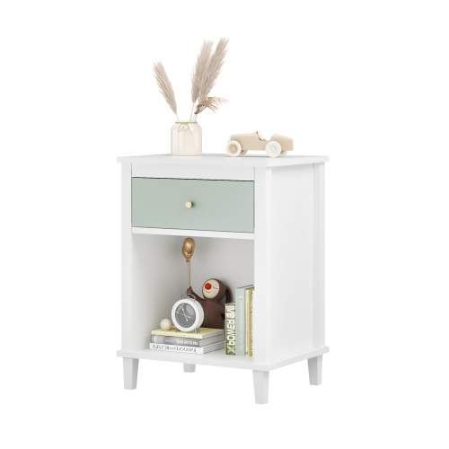 26.77''H Kids Nightstand with Drawer and Shelf, Sage and White Storage Table