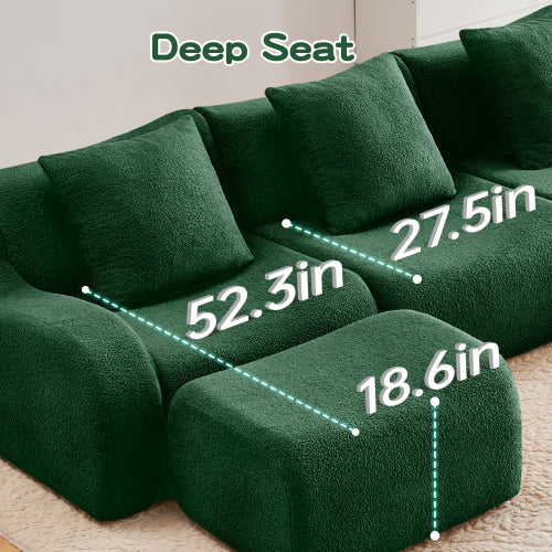 Green L-Shaped 2-Seat Boneless Teddy-Fabric Modular Sofa Curved Armrest No-Assembly Non-Slip